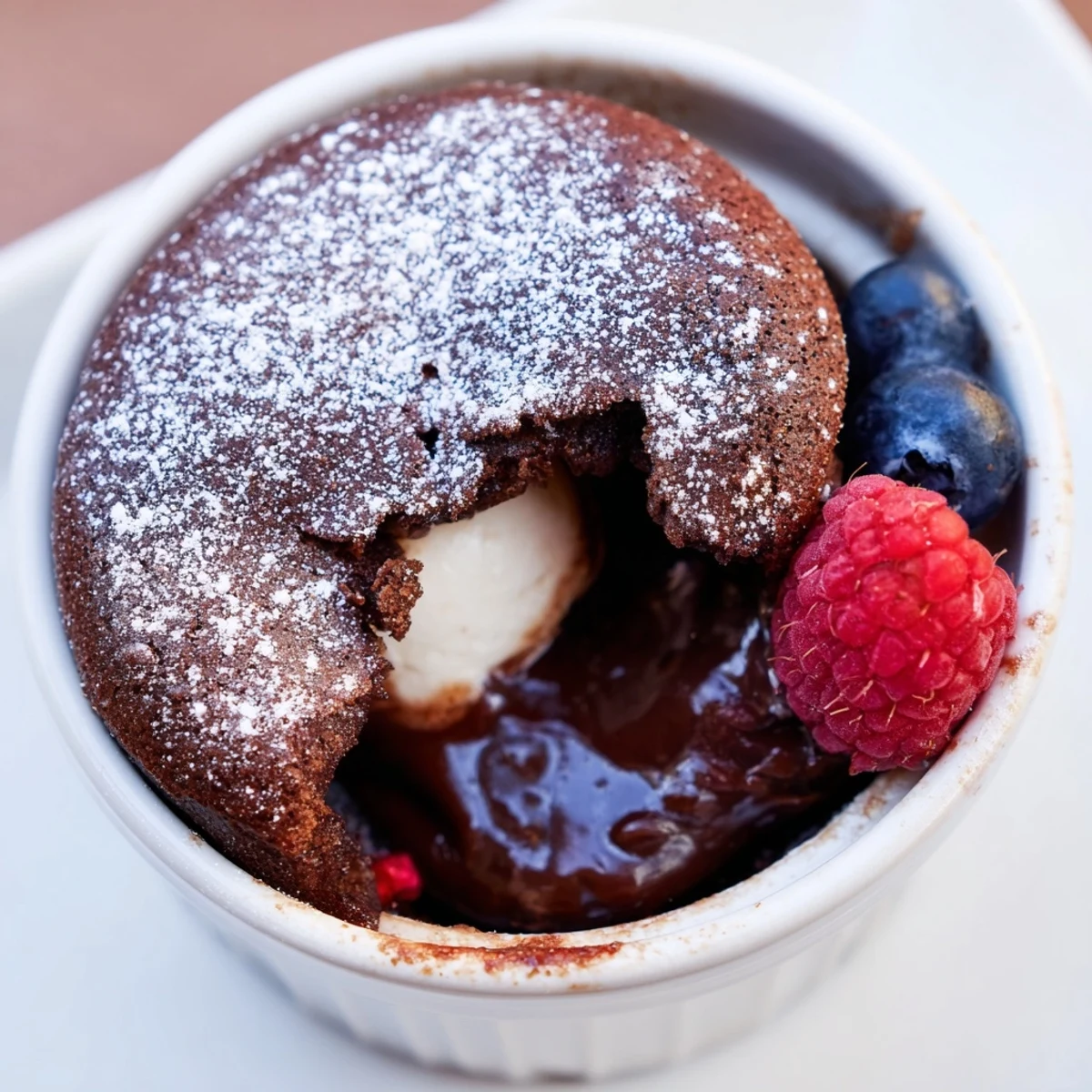 Decadent mini chocolate lava cakes in ramekins, perfect for an indulgent dessert.  