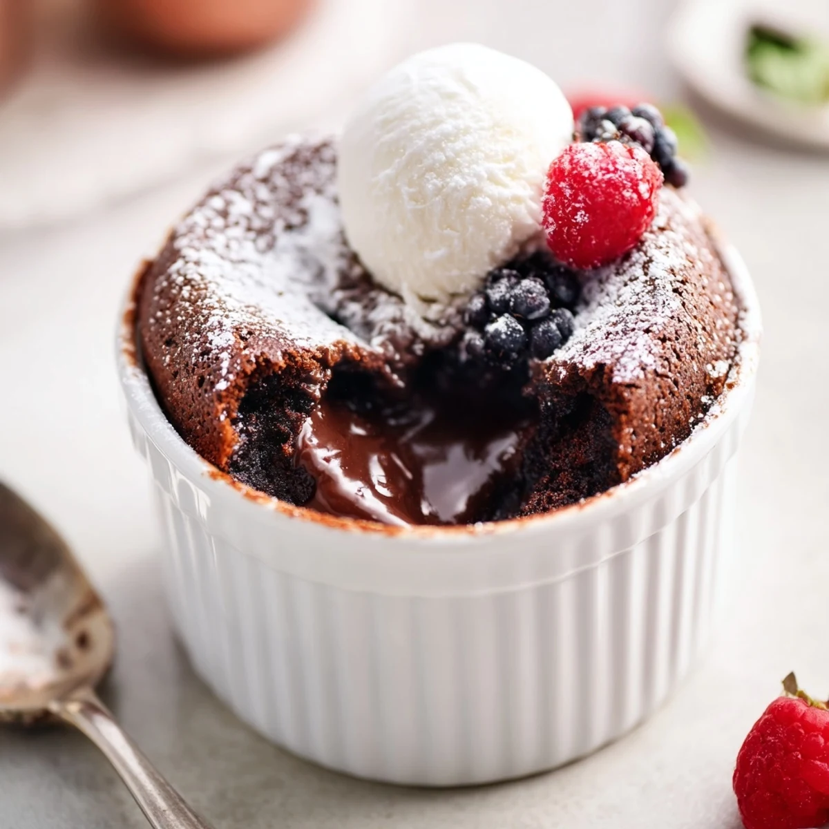 Warm, molten chocolate lava cakes served with vanilla ice cream for a delightful treat.