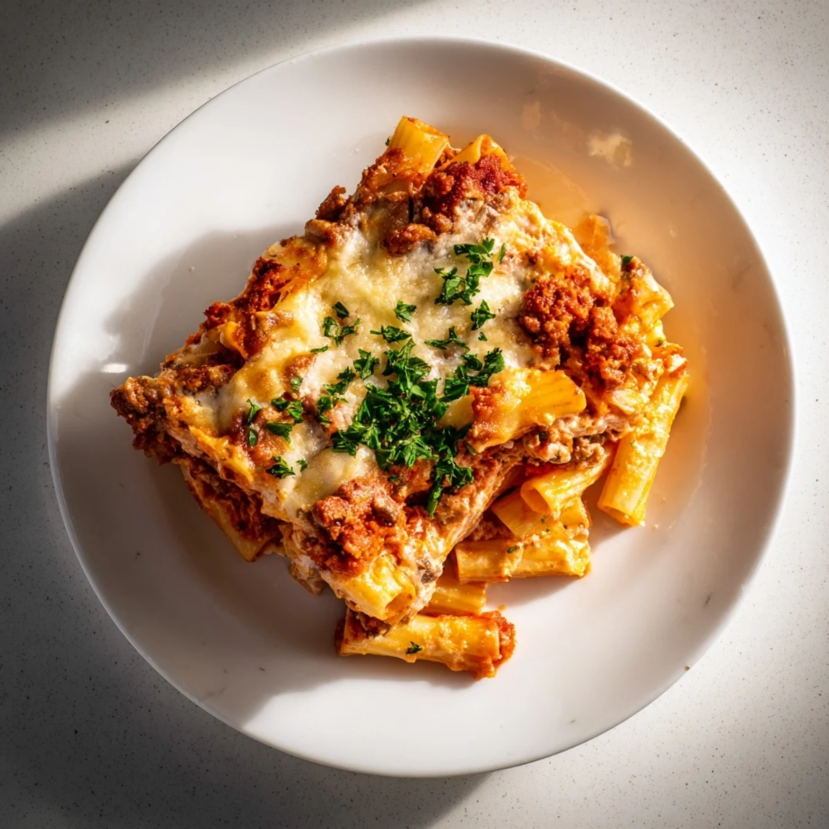 Savory Baked Ziti featuring herbs, sausage, and gooey cheese, ideal for family dinners.