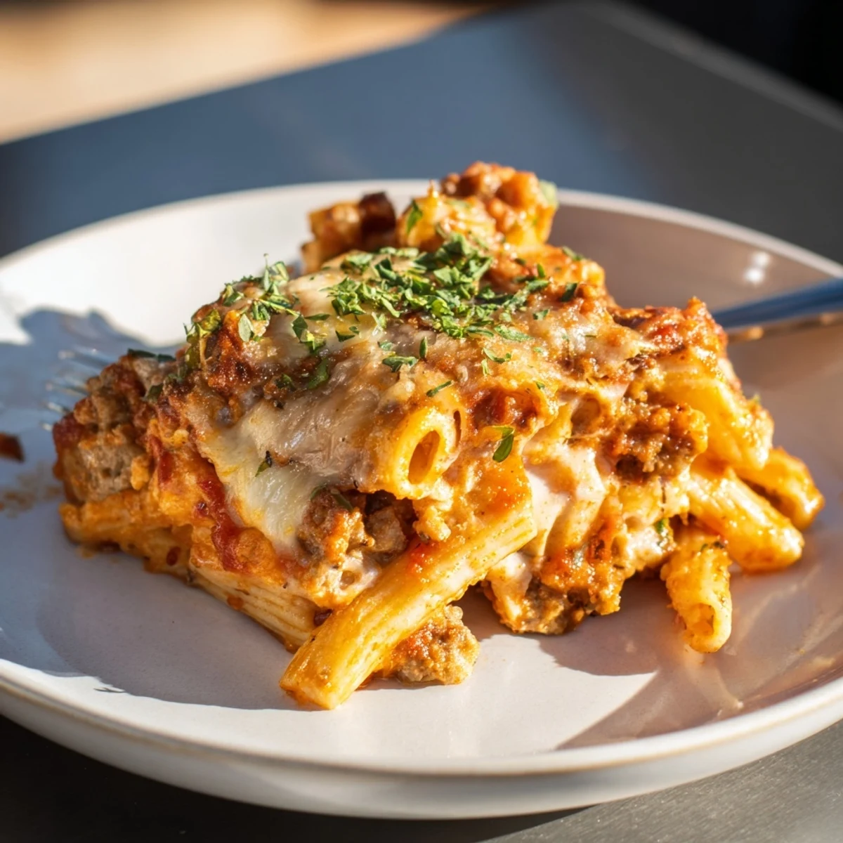Delicious Baked Ziti with melted mozzarella and Italian sausage, perfect for sharing.  