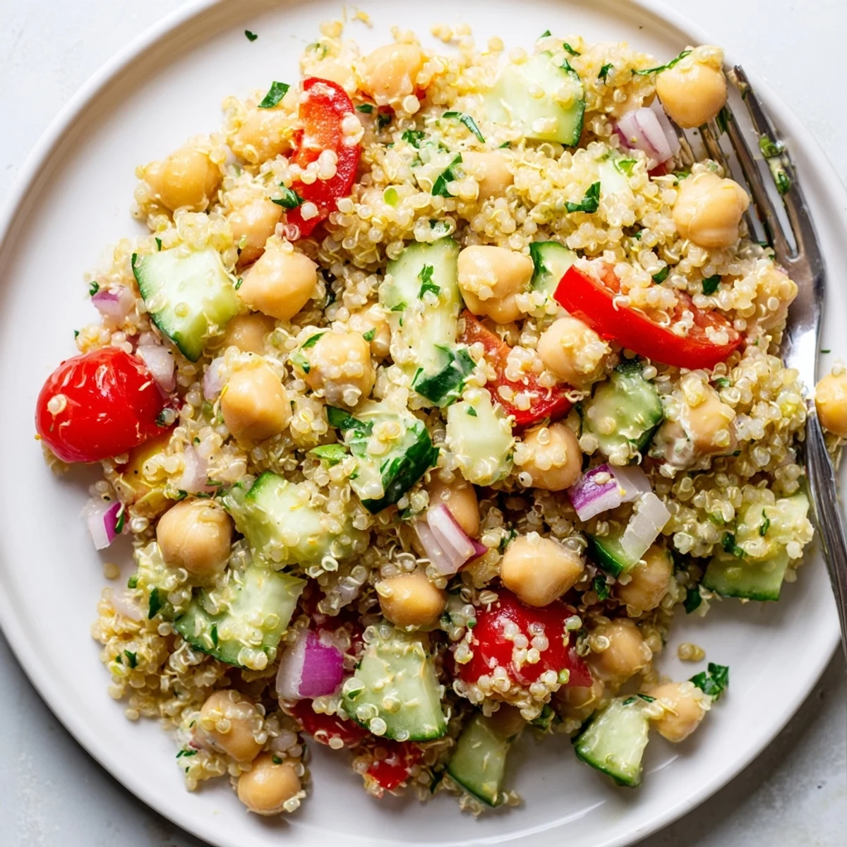 Colorful quinoa salad with chickpeas and creamy avocado dressing for a nutritious meal.  