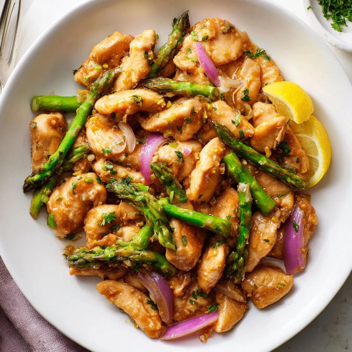 Juicy One-Pan Lemon Garlic Chicken with Asparagus, drizzled in zesty sauce and fresh herbs.  