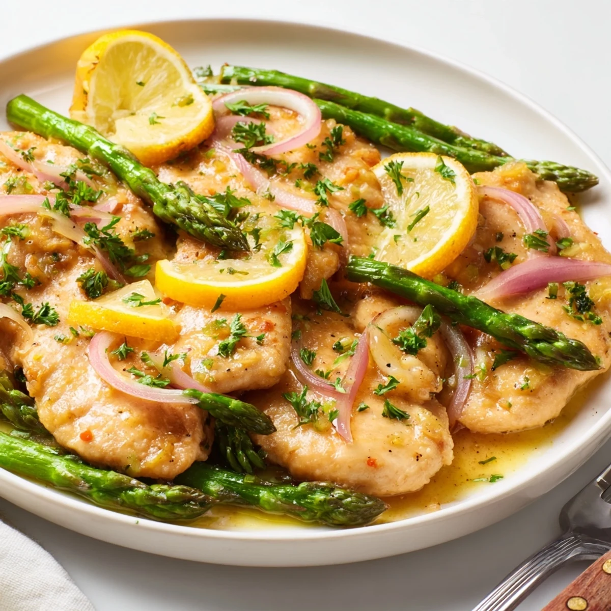 Flavorful One-Pan Lemon Garlic Chicken with Asparagus, served with herbs and lemon wedges.