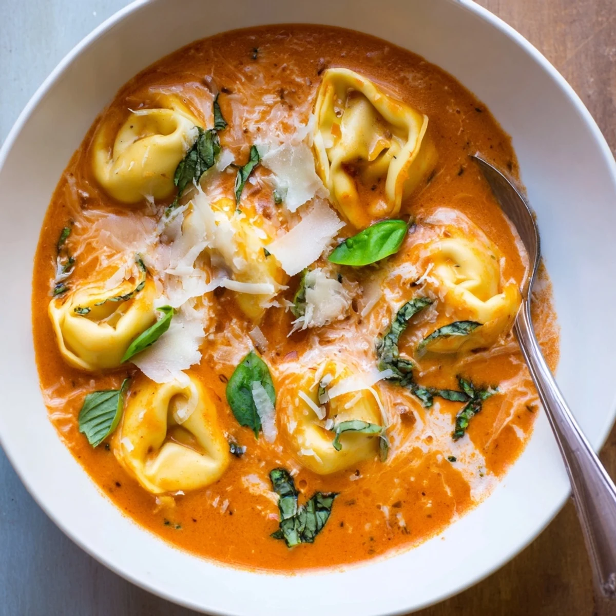 Creamy Tomato Basil Tortellini Soup garnished with fresh basil and Parmesan cheese.