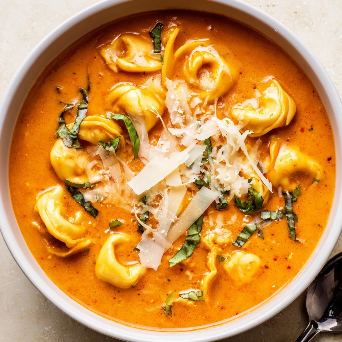 A steaming bowl of Creamy Tomato Basil Tortellini Soup ready for a cozy dinner.