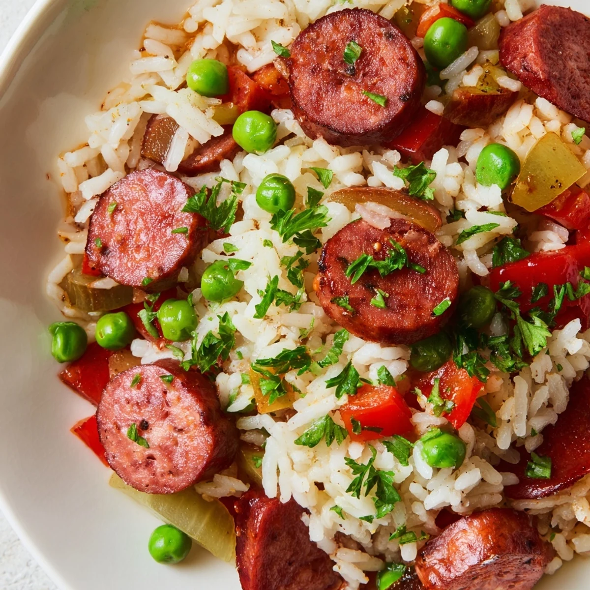 A delicious One-Pot Sausage and Rice Skillet with vibrant veggies and spices.  