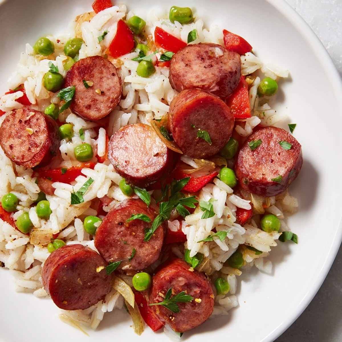 Savory One-Pot Sausage and Rice Skillet garnished with fresh parsley and colorful peppers.  
