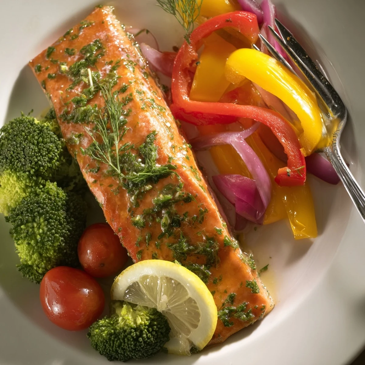 Succulent Sheet Pan Lemon Herb Salmon nestled with vibrant roasted veggies on a platter.  