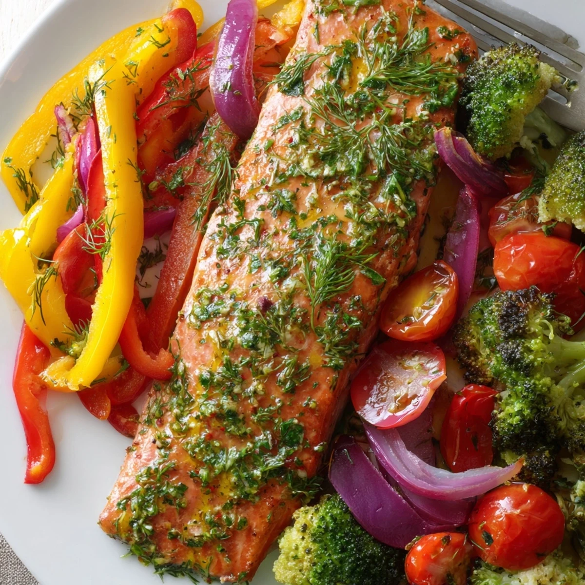 Flavorful Sheet Pan Lemon Herb Salmon paired with fresh vegetables for a wholesome meal.