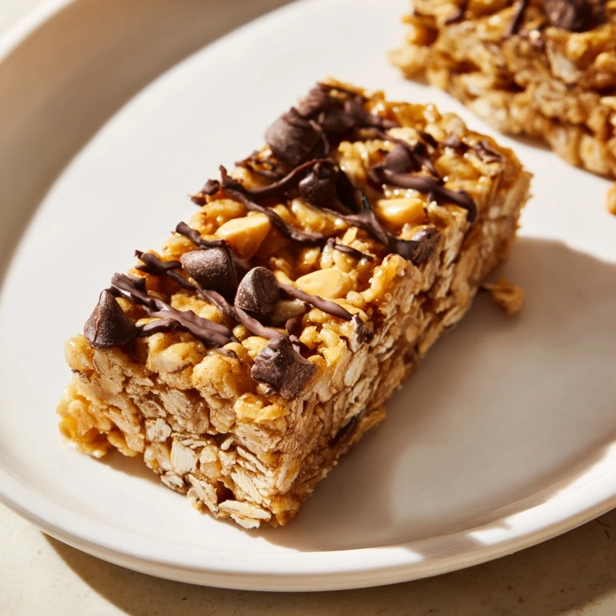 Chewy No-Bake Peanut Butter Oat Bars drizzled with melted chocolate for extra sweetness.  