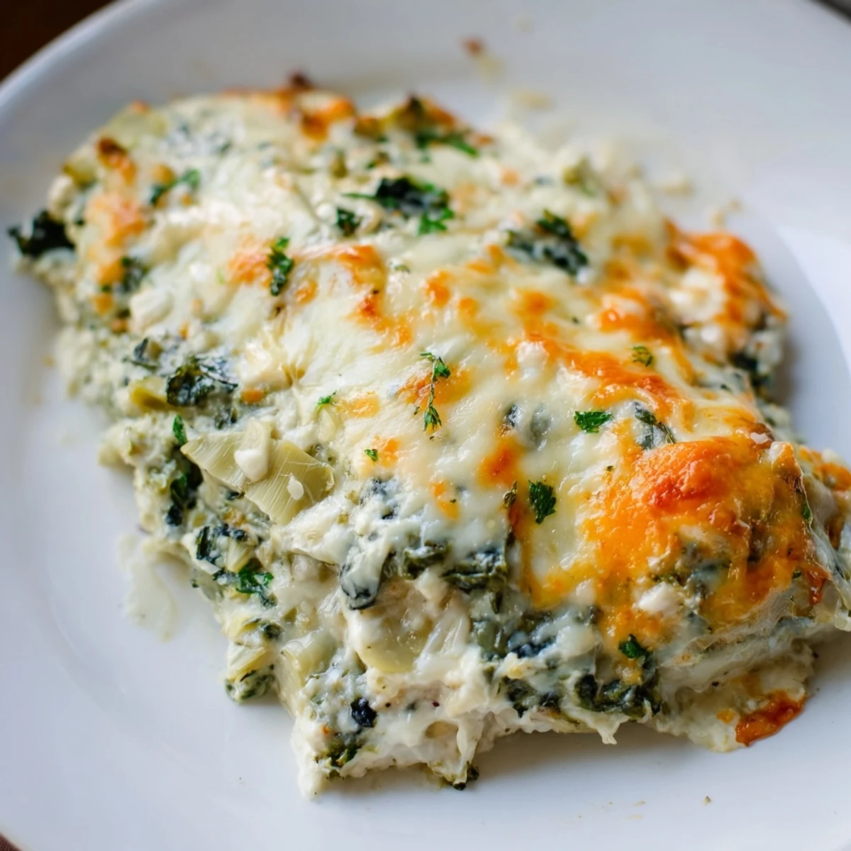 Savory Cheesy Spinach and Artichoke Bake served warm with crispy baguette slices.  
