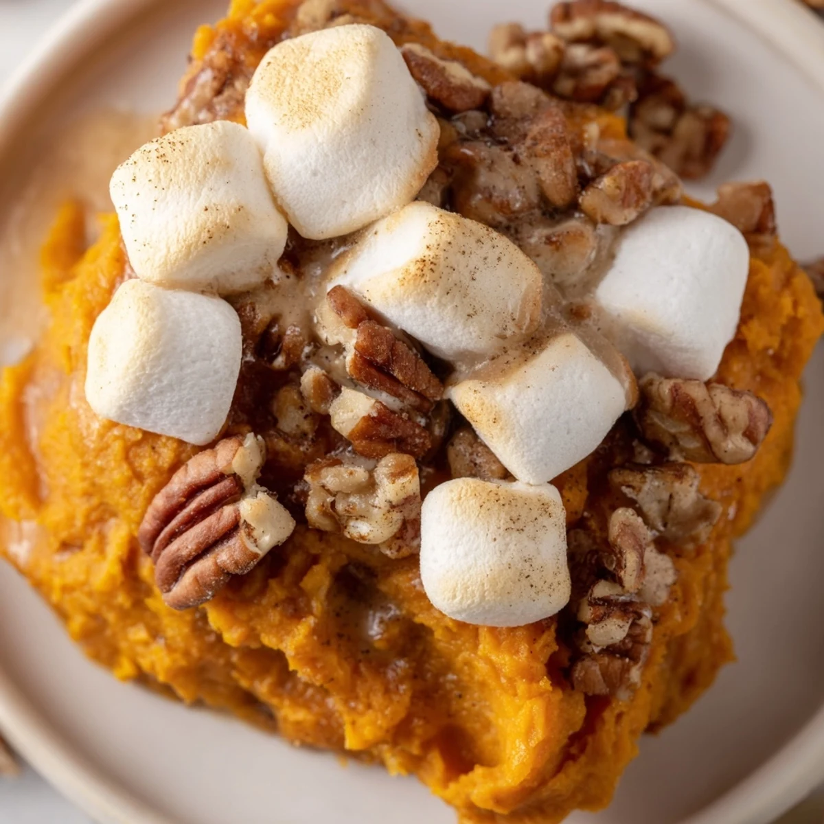 Creamy sweet potato casserole with toasted marshmallow topping, perfect for holiday feasts.  