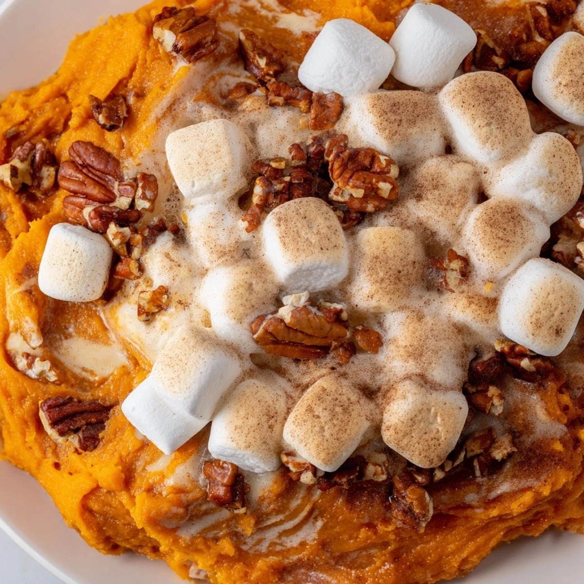 Indulge in sweet potato casserole, a festive side with golden marshmallows and pecans.  