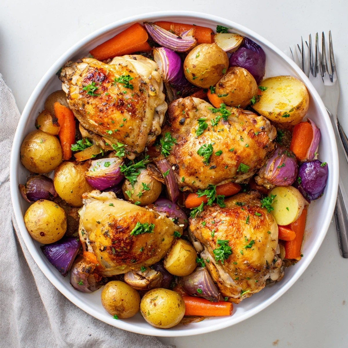 Hearty Rustic Chicken and Potato Bake with golden veggies and fresh herbs.  