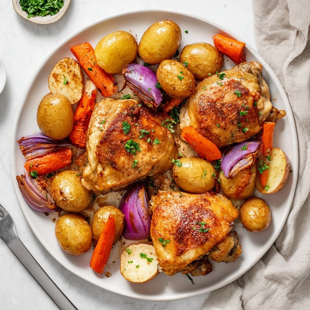Savory Rustic Chicken and Potato Bake surrounded by tender, roasted carrots and onions.
