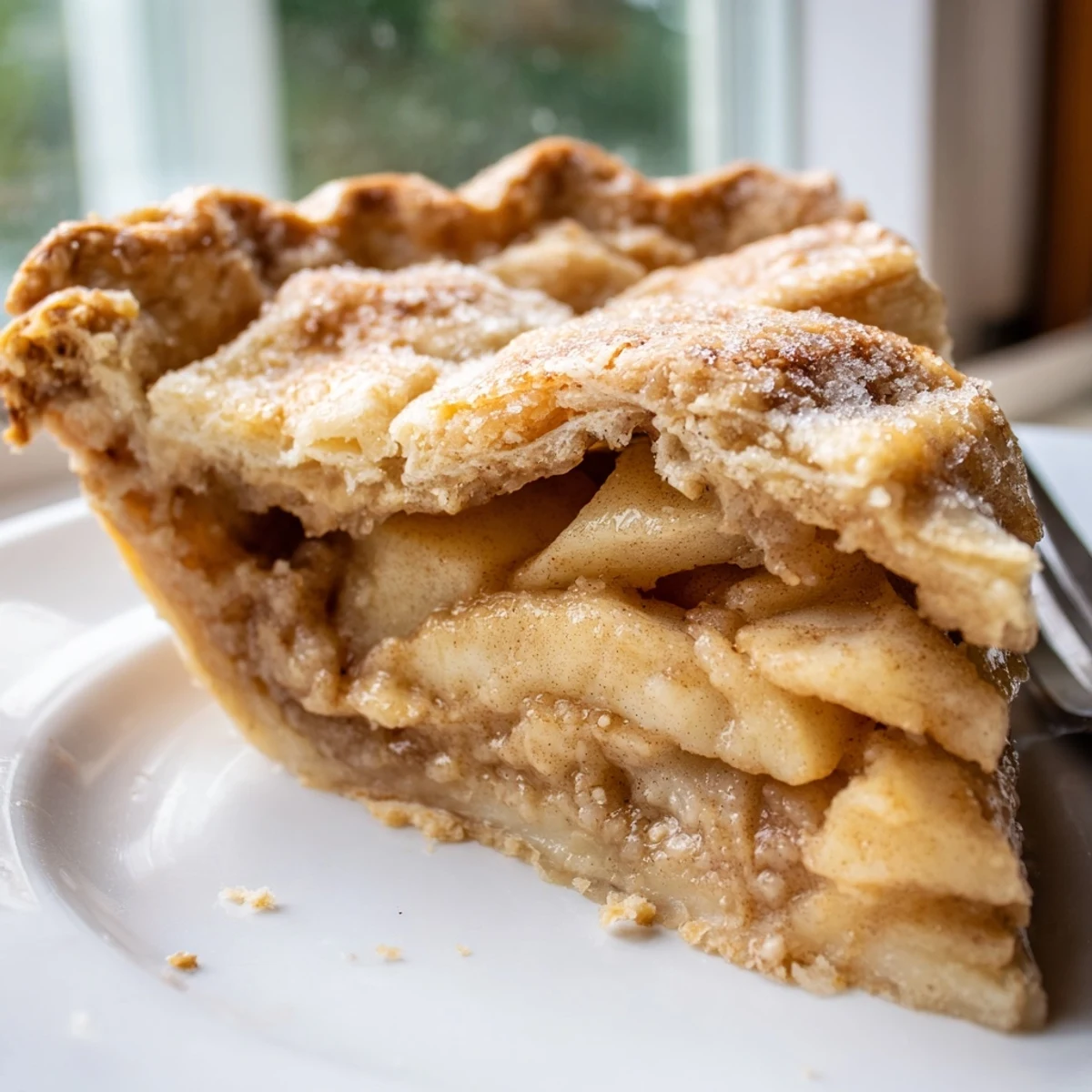 Deliciously warm classic apple pie, nestled in a flaky crust, perfect for dessert.  