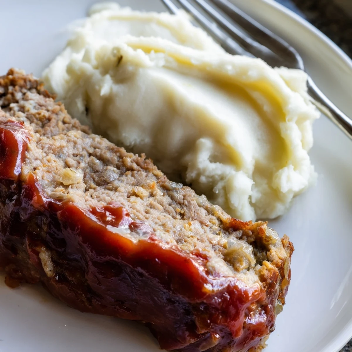 Classic Meatloaf with Mashed Potatoes, served warm with a rich, savory glaze.  