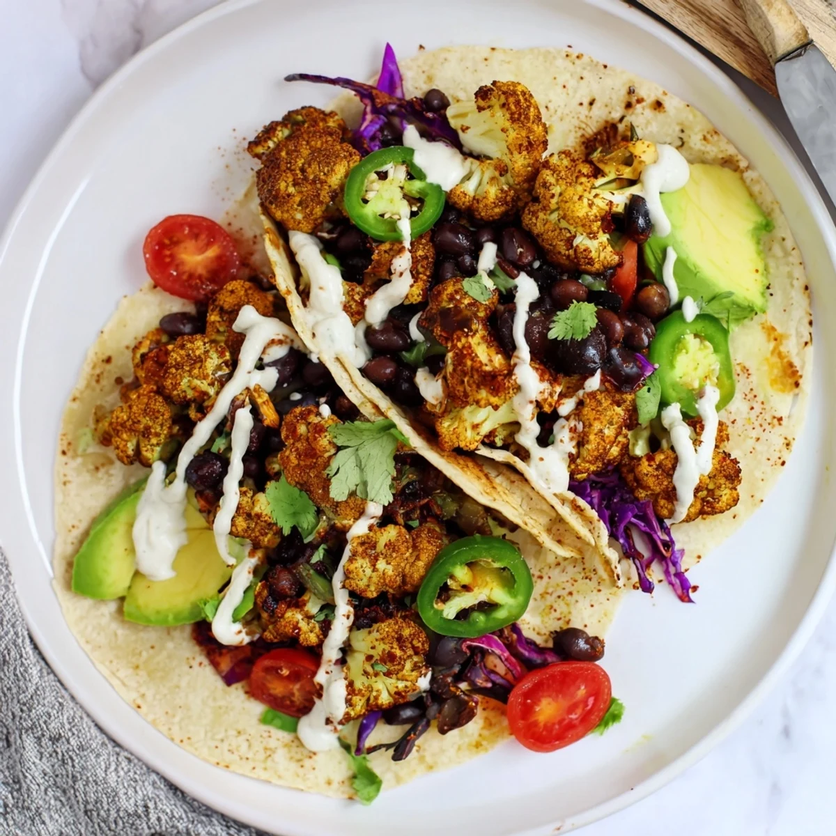 Spicy Cauliflower and Black Bean Tacos featuring vibrant roasted vegetables in soft tortillas.