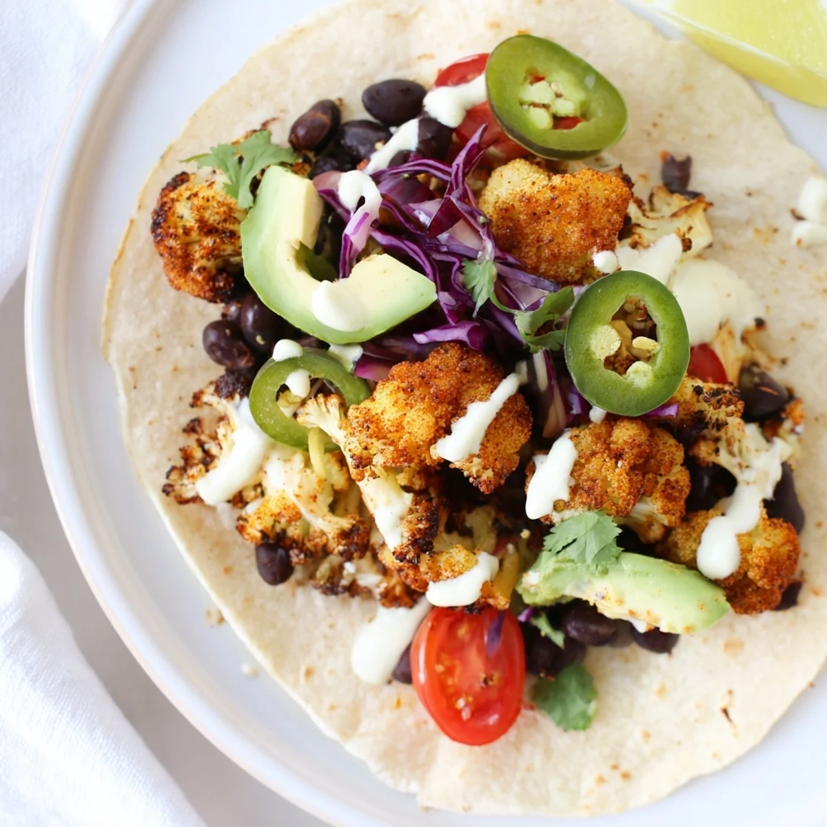 Delicious Spicy Cauliflower and Black Bean Tacos topped with avocado and fresh cilantro.