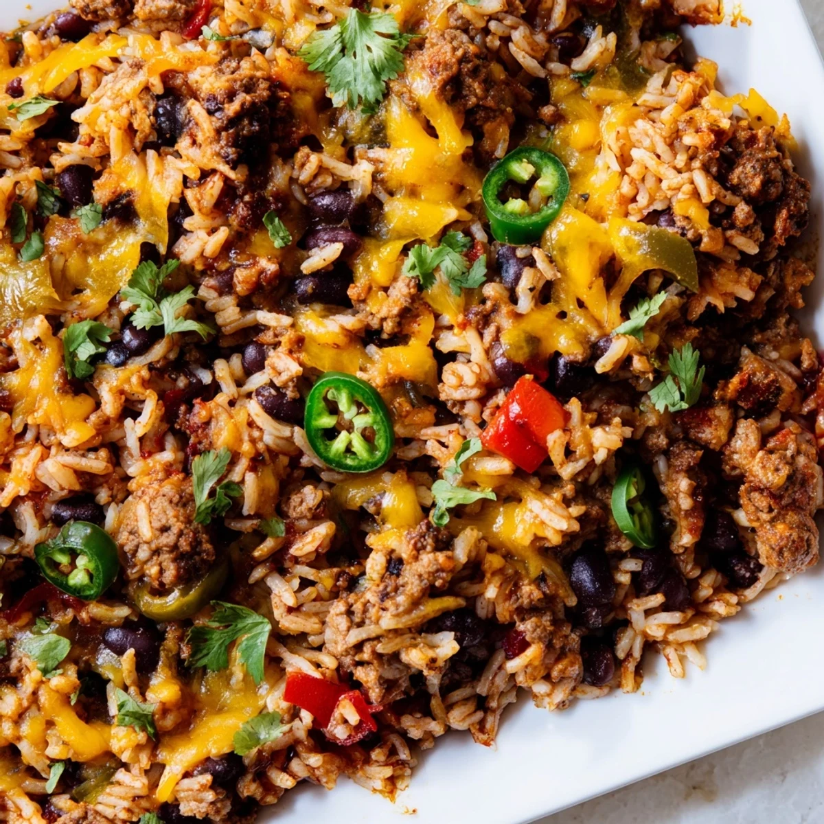 Steaming Tex-Mex beef and rice casserole, topped with melted cheese, perfect for a cozy weeknight meal.