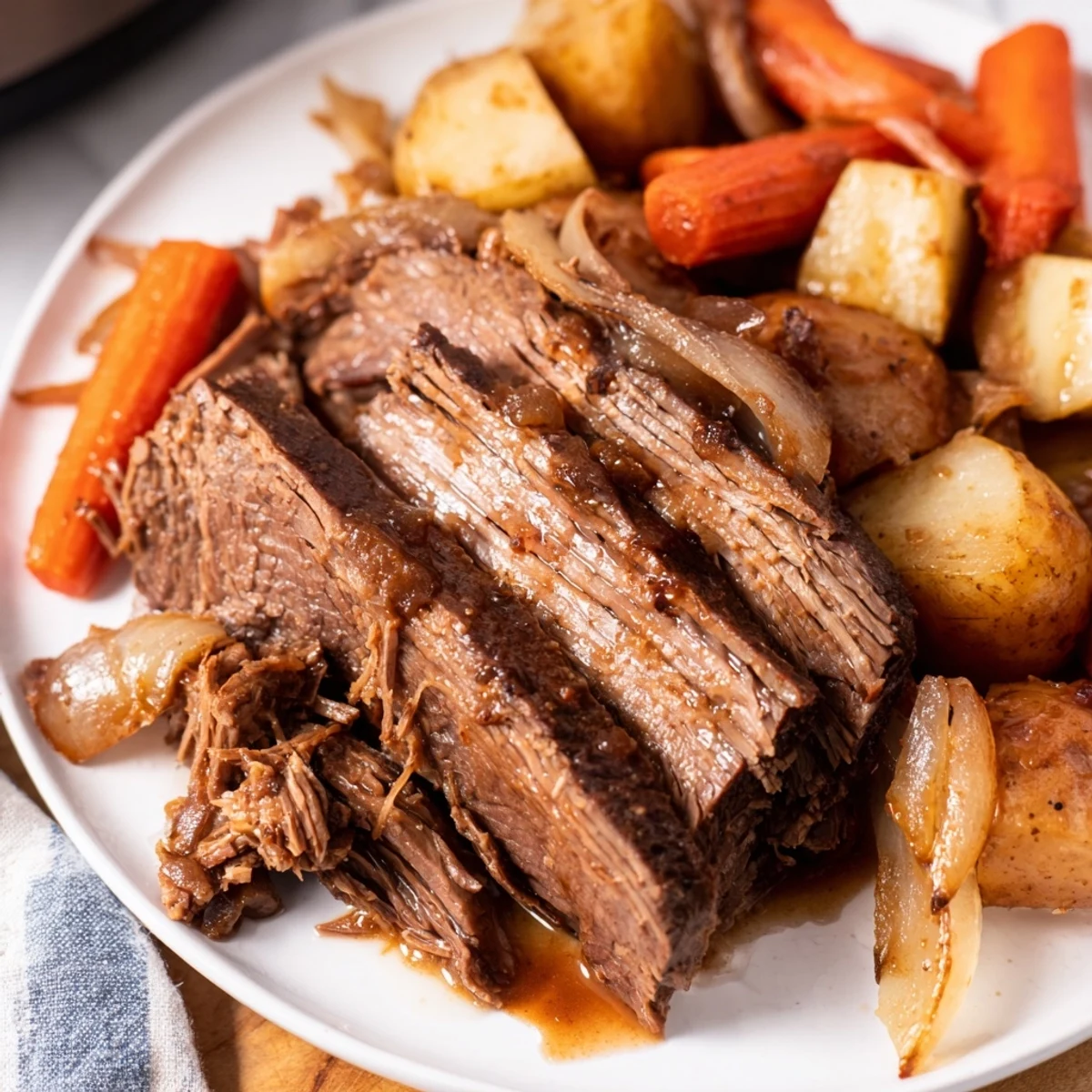 Tender Sunday Pot Roast with perfectly roasted vegetables, ready to serve for a hearty family dinner.
