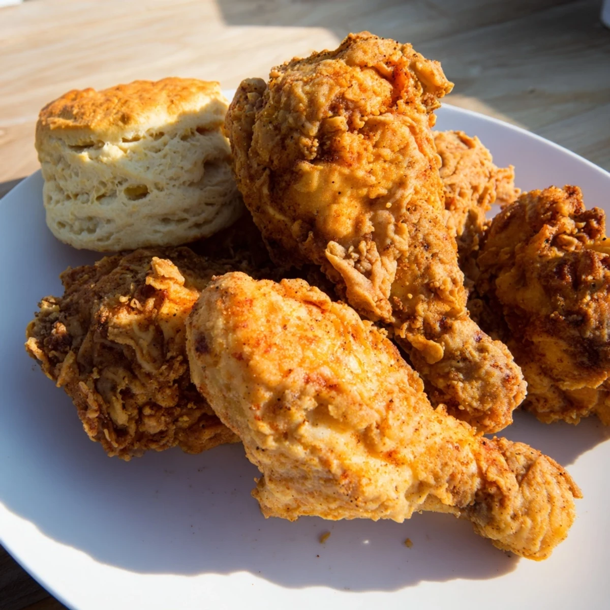 A close-up of piping hot Southern Fried Chicken, paired with fluffy, buttery buttermilk biscuits.