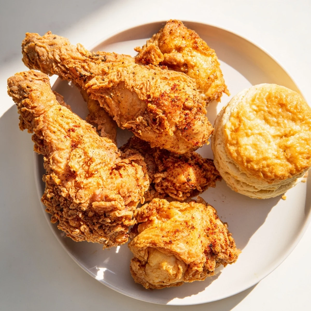 Golden, crispy Southern Fried Chicken with Buttermilk Biscuits, a delicious family-style meal.