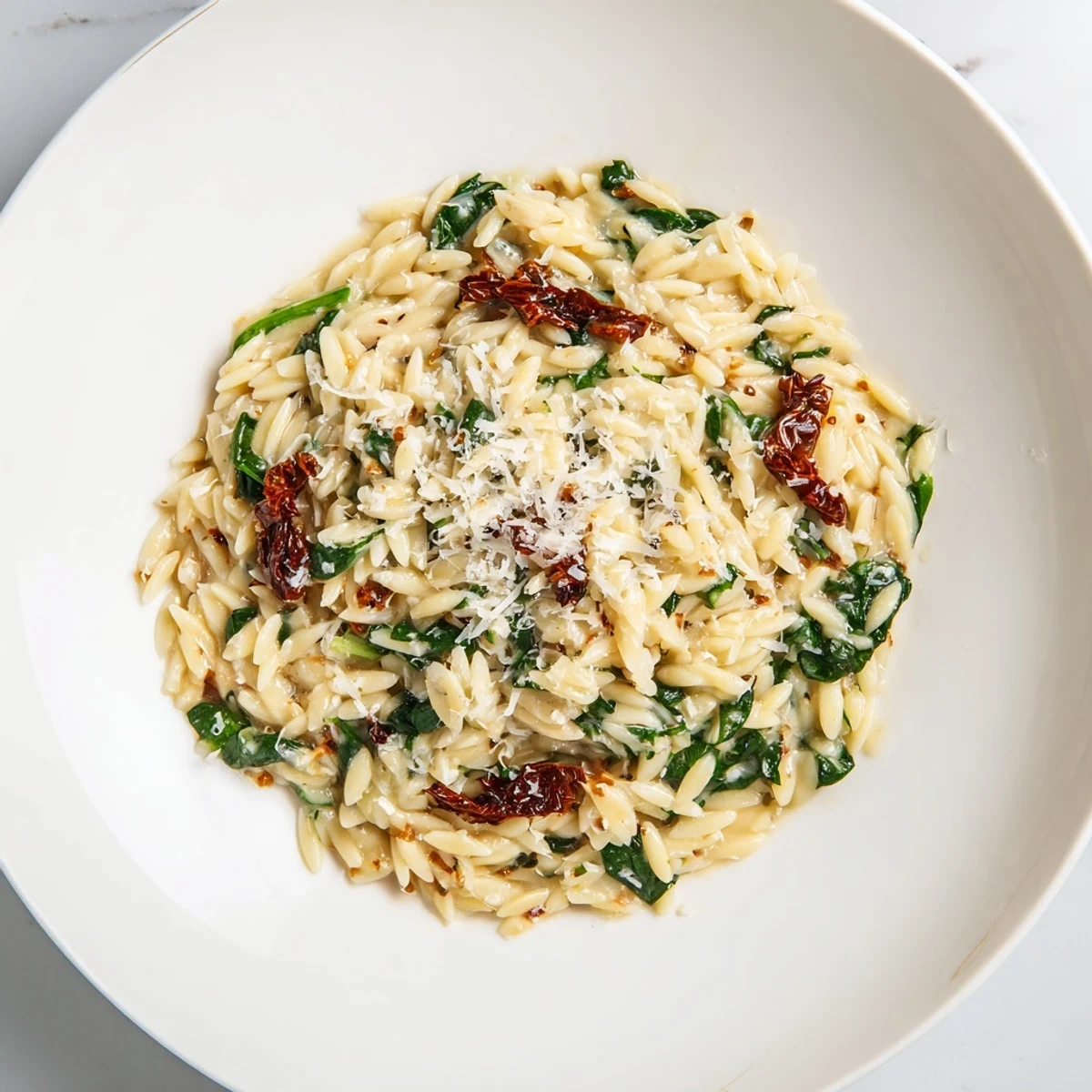 A steaming bowl of Creamy Tuscan Orzo, showing tender pasta in rich, garlic-Parmesan sauce.