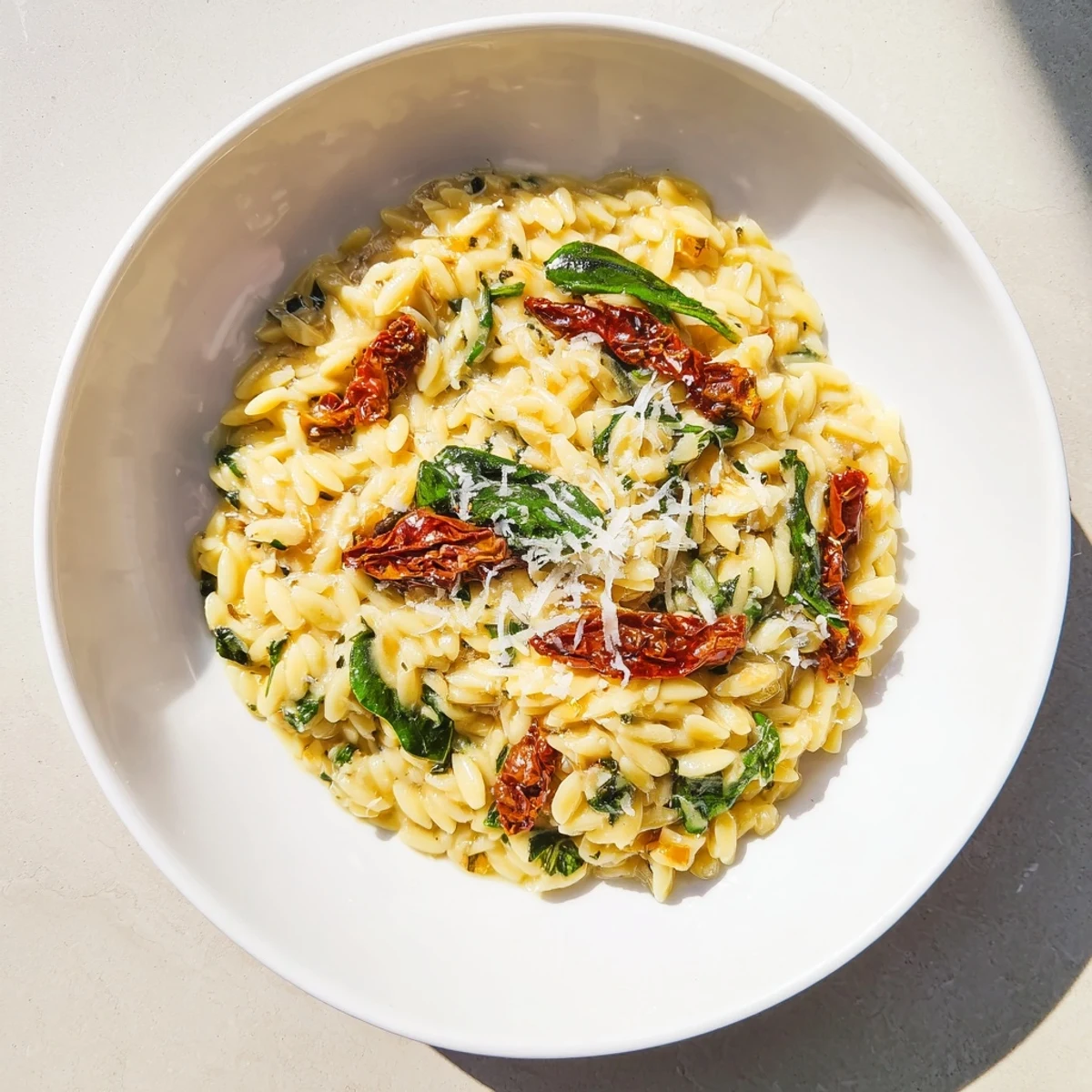 Close-up of a flavorful Creamy Tuscan Orzo Bowl, ready to be enjoyed with a glass of crisp wine.