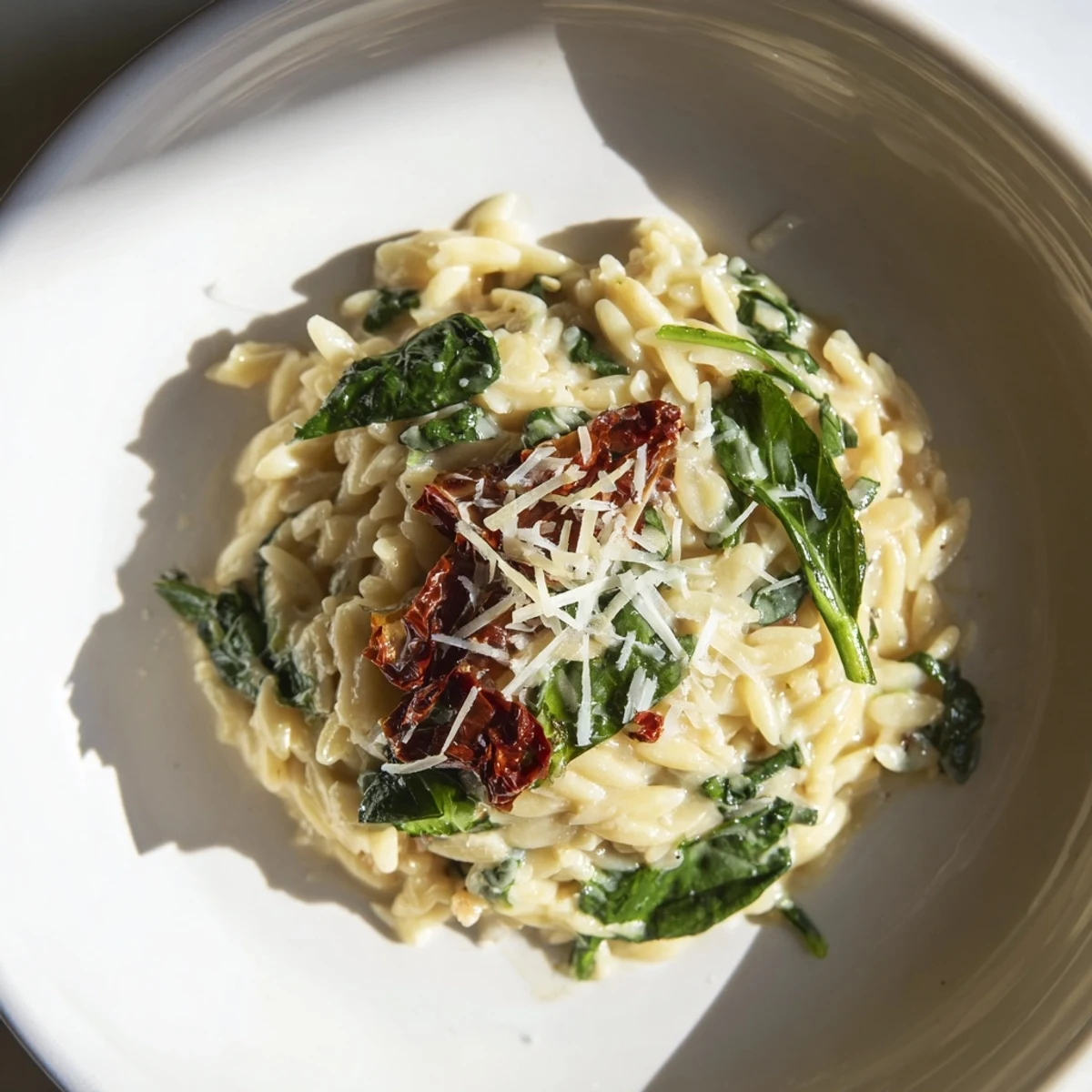 Creamy Tuscan Orzo Bowl with spinach and sun-dried tomatoes, a comforting, vegetarian Italian dish.