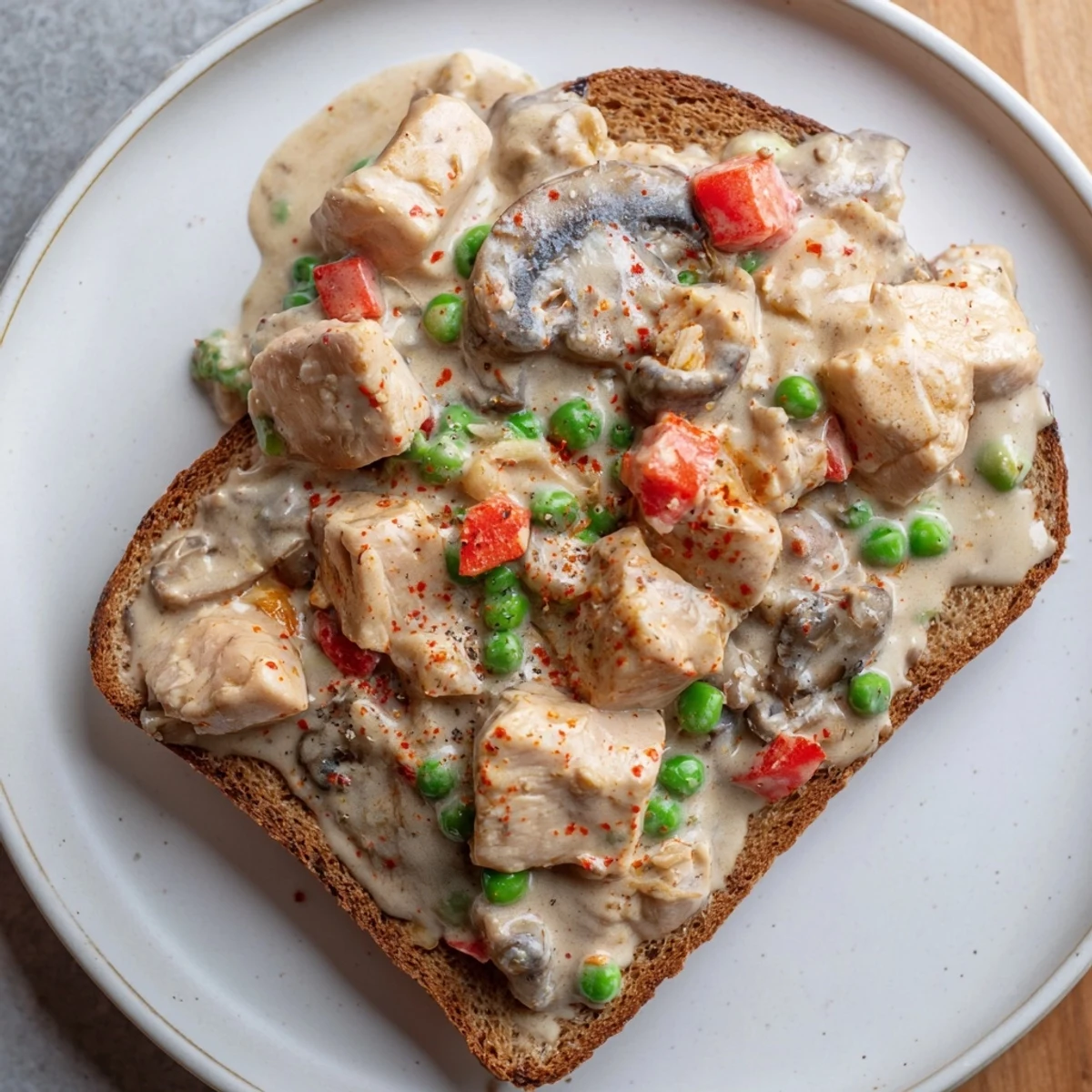 This photo shows a luxurious chicken à la king; the rich sauce coats tender chicken pieces.