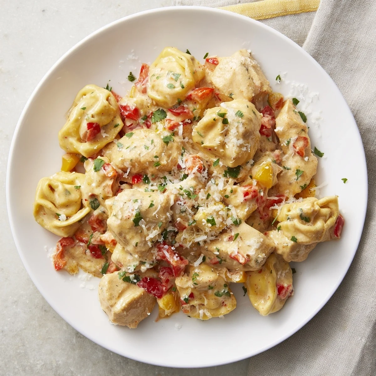 Steaming hot Zesty Cajun Garlic Parmesan Chicken Tortellini, a creamy, cheesy pasta dish with chicken.