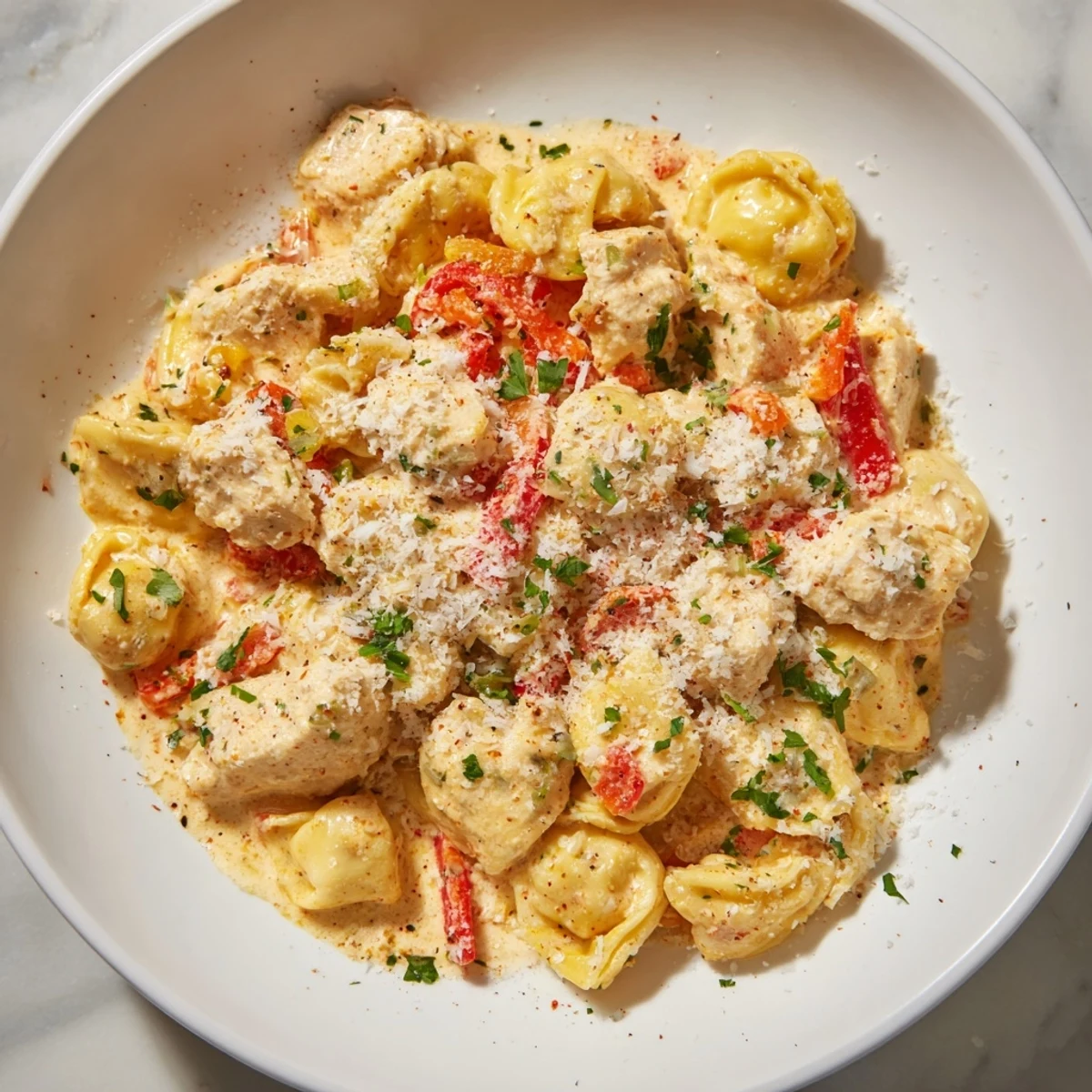 Looking down at a bowl of Zesty Cajun Garlic Parmesan Chicken Tortellini, garnished with fresh parsley.