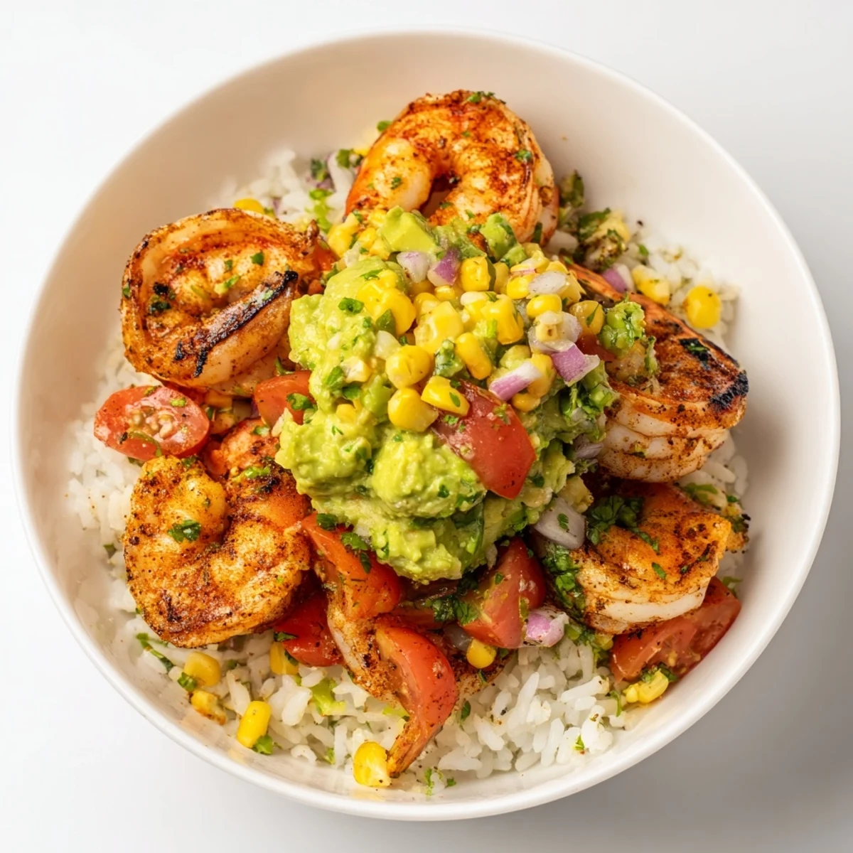 Sizzling grilled shrimp bowl with avocado salsa: a colorful, flavorful summer meal over rice.