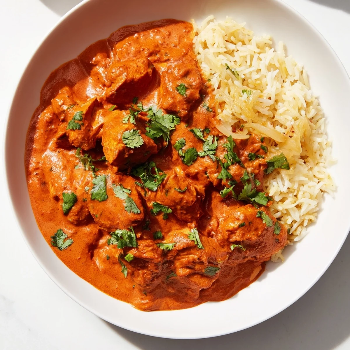Fragrant basmati rice pilaf served with rich and savory Butter Chicken, making a satisfying Indian meal.