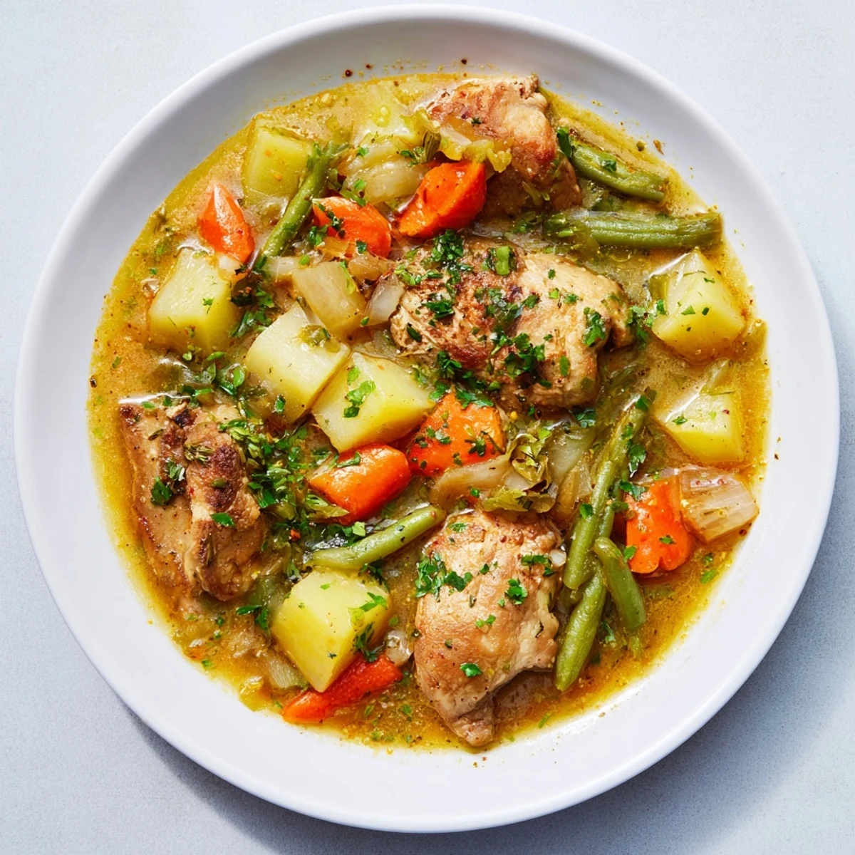 Steaming bowl of Slow-Cooker Chicken & Vegetable Stew, a hearty and aromatic American comfort food.