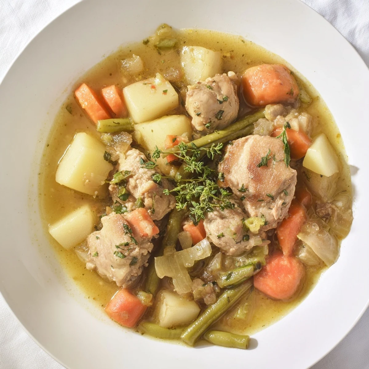 A close-up of the finished Slow-Cooker Chicken & Vegetable Stew, garnished with fresh parsley for serving.