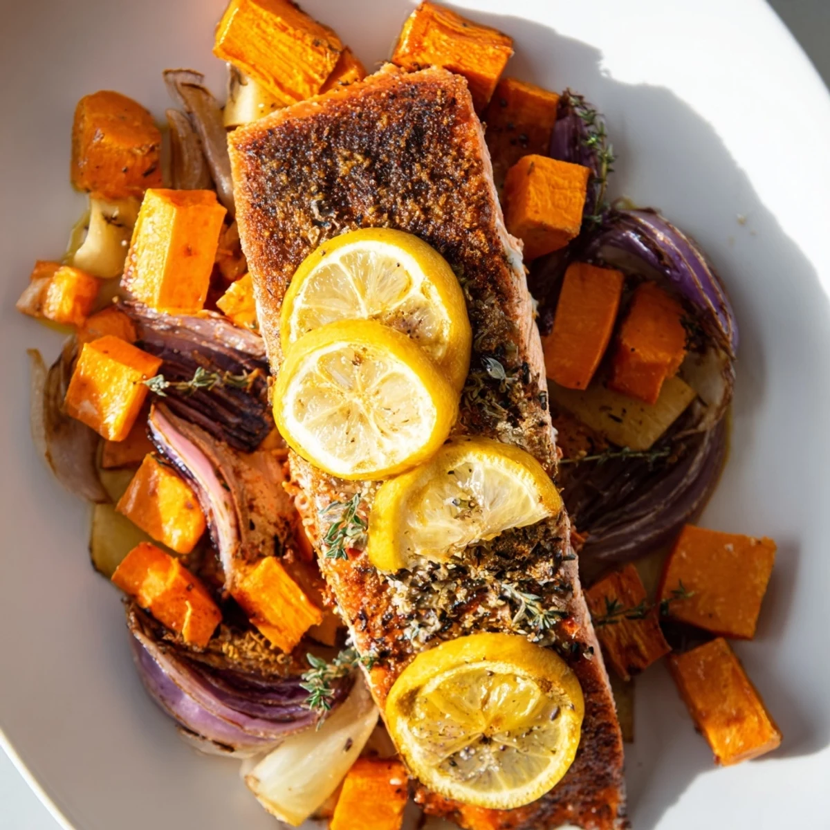 Golden-brown Sheet-Pan Salmon with colorful winter vegetables, ready to serve with fresh greens.