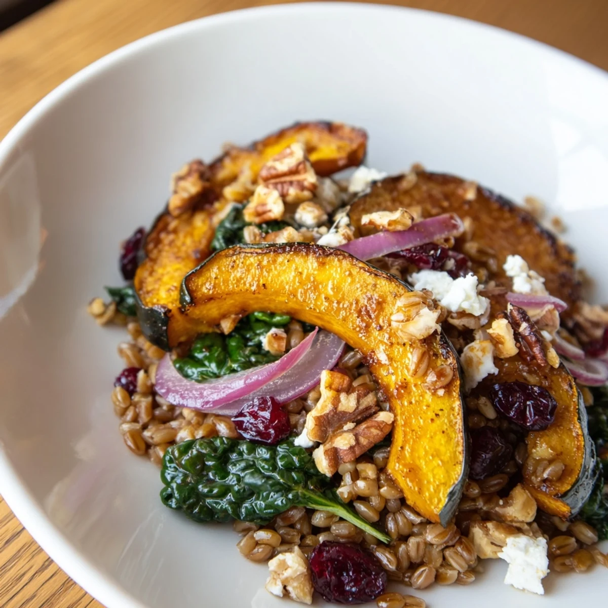 Warm, inviting photo of Farro & Mustard Green Salad with maple-roasted squash, featuring colorful ingredients.