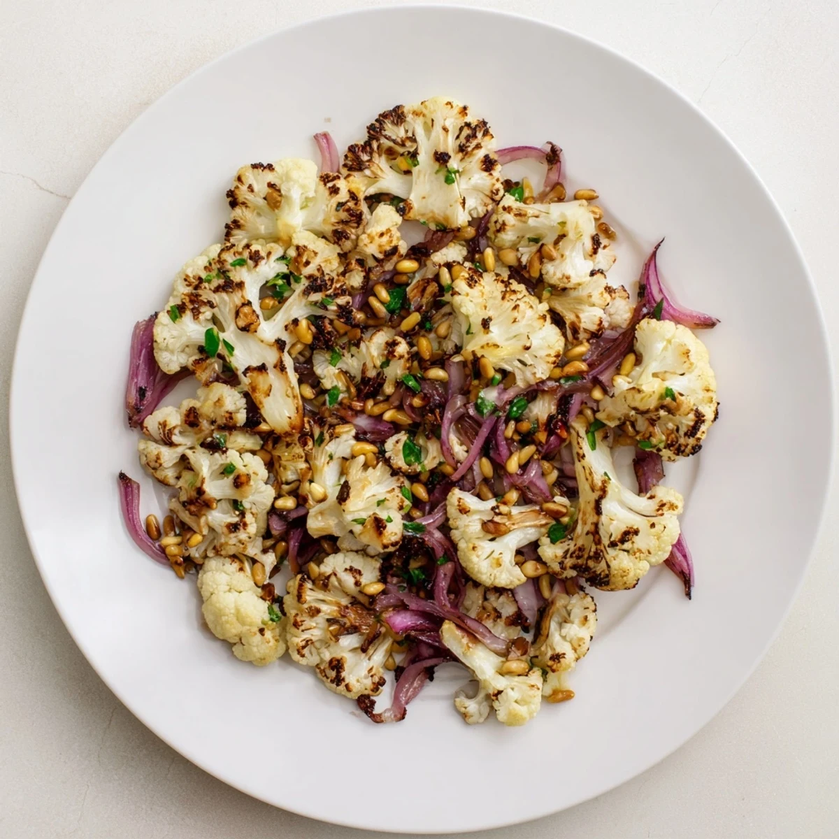 Fresh parsley tops a Warm Roasted Cauliflower Salad, drizzled with lemon dressing, ready to enjoy.