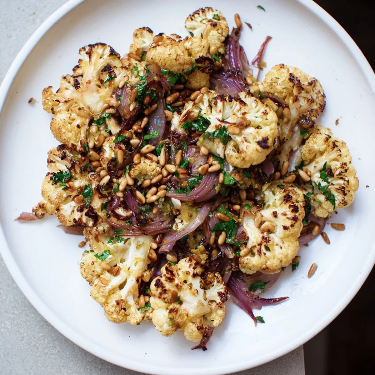 A Mediterranean delight: golden roasted cauliflower with toasted pine nuts in the flavorful salad.