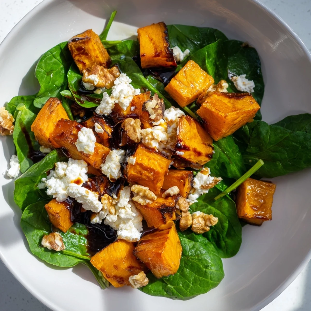 Roasted Beet, Butternut & Spinach Salad: Colorful close-up showcases vibrant roasted vegetables with creamy goat cheese.