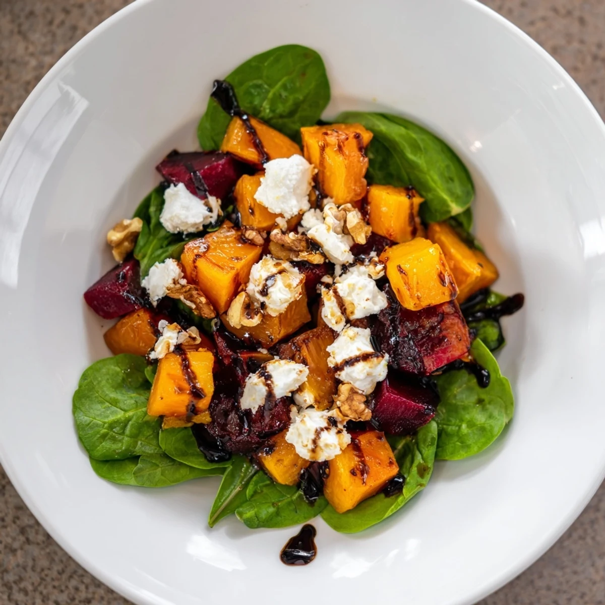 A fresh, enticing photo of a Roasted Beet, Butternut & Spinach Salad, perfect for a vegetarian meal.