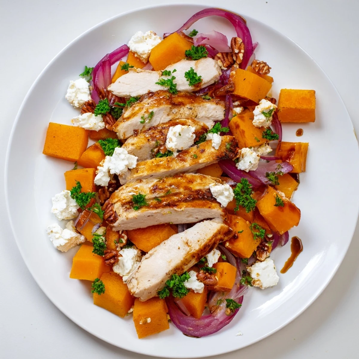 Golden-brown Roasted Chicken & Winter Squash Sheet-Pan Salad with tender chicken and roasted vegetables.
