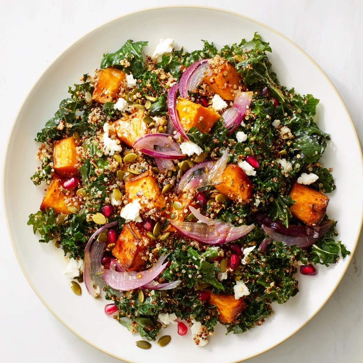 Fresh kale and quinoa salad with roasted sweet potatoes, drizzled with bright lemon dressing.