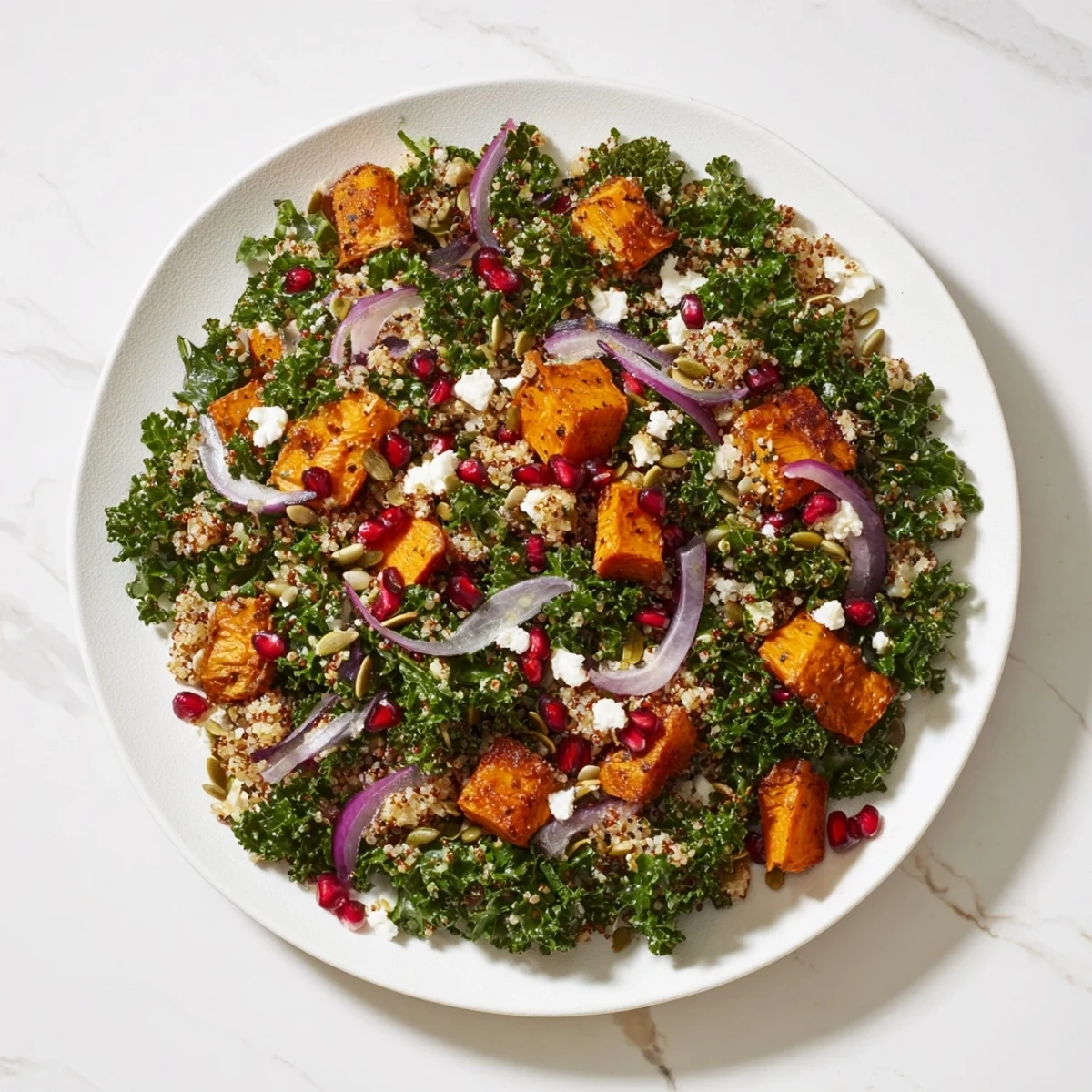 Vibrant close-up of the delicious Kale & Quinoa Salad, perfect for a light vegetarian lunch.