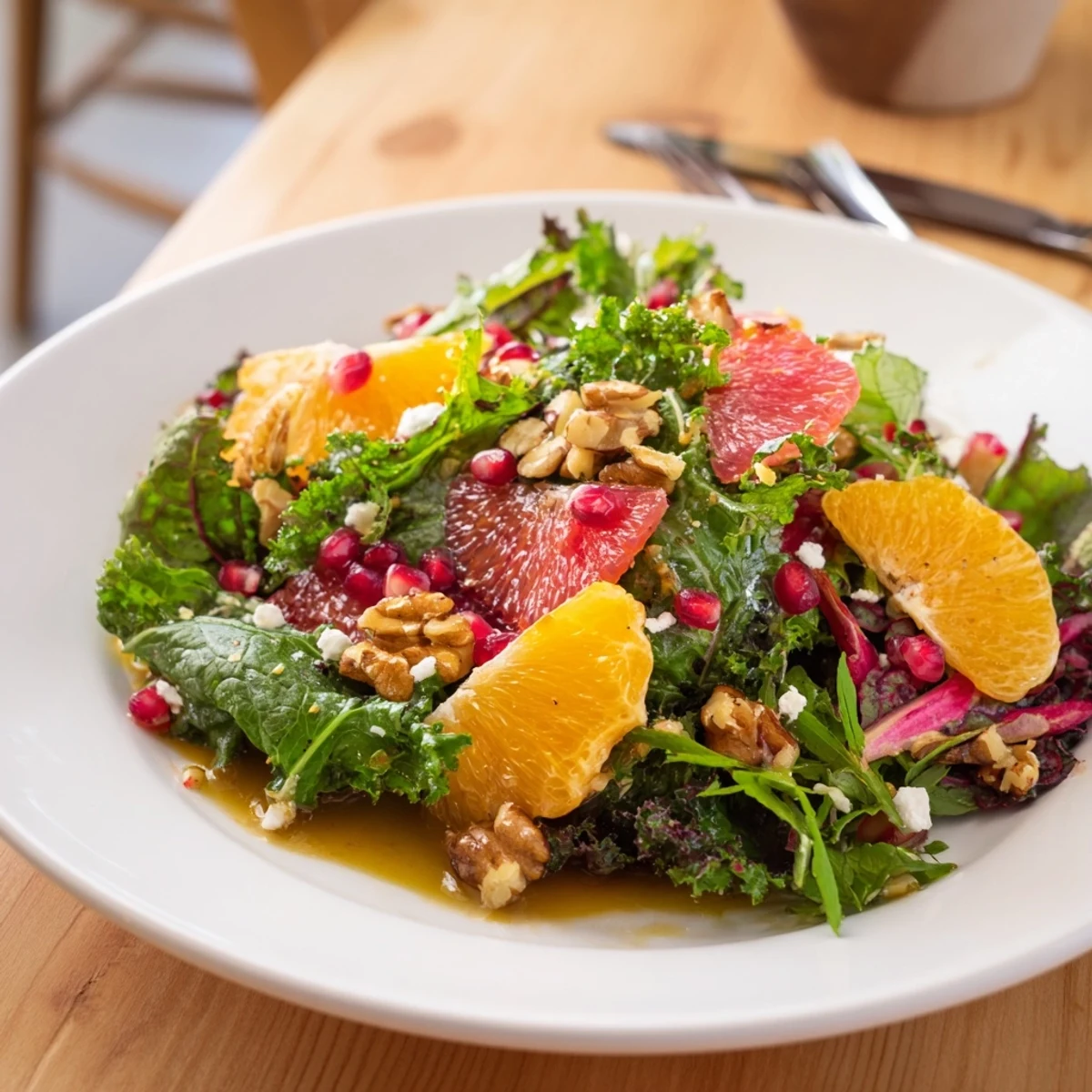 Winter Greens Salad with Citrus, Pomegranate, and toasted nuts, a colorful, refreshing, vegetarian delight.