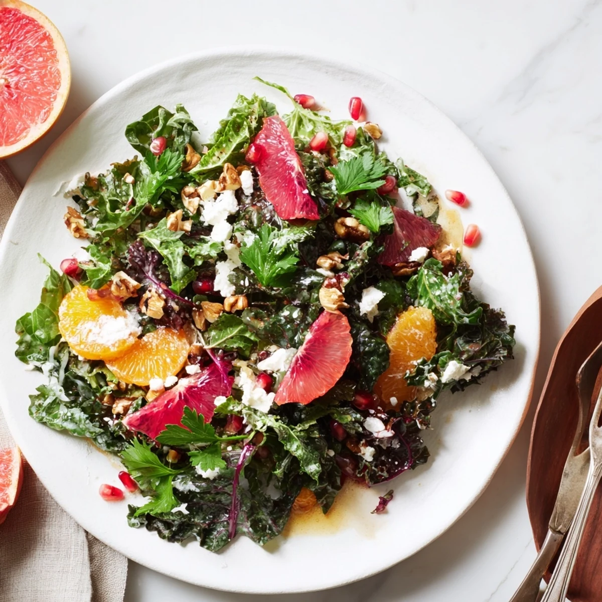 Brightly colored Winter Greens Salad, showcasing fresh citrus, pomegranate, and toasted nuts, perfectly delicious.