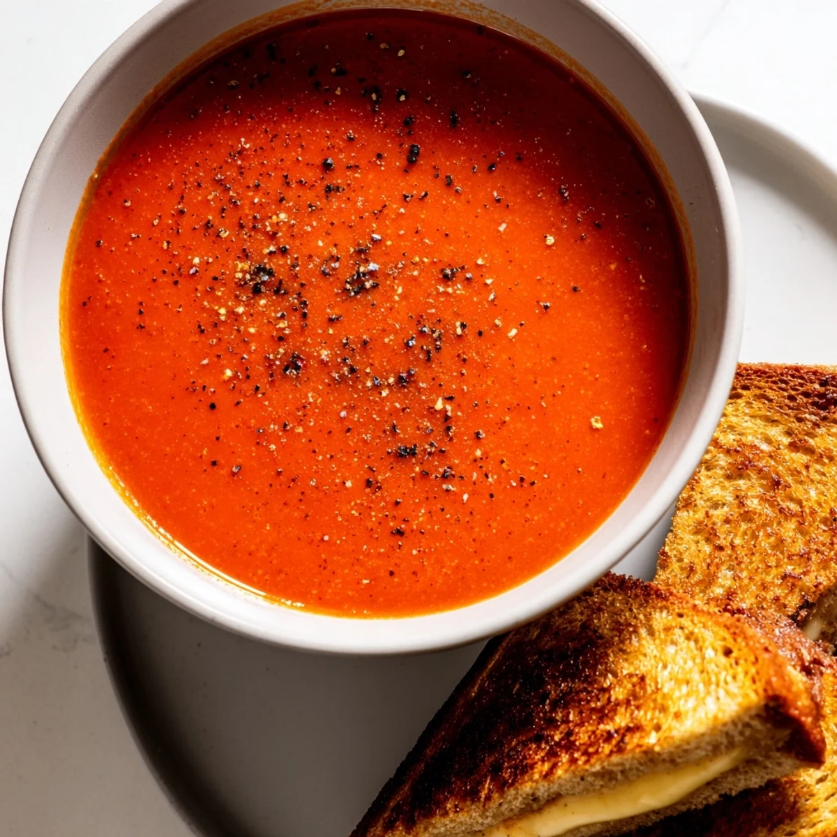 A close-up of the comforting 5-Ingredient Tomato Soup & Grilled Cheese combination, ready to eat and enjoy.