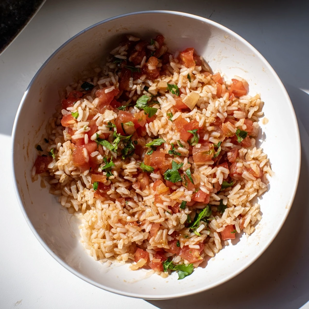 Steaming Tomato-Rice Skillet Dinner, featuring fluffy rice, juicy tomatoes, seasoned to perfection for a quick meal.